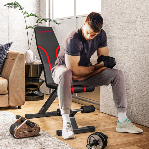 Black and red sportnow foldable weight bench with padded four-level seat and adjustable incline for home workouts 35l x 33w