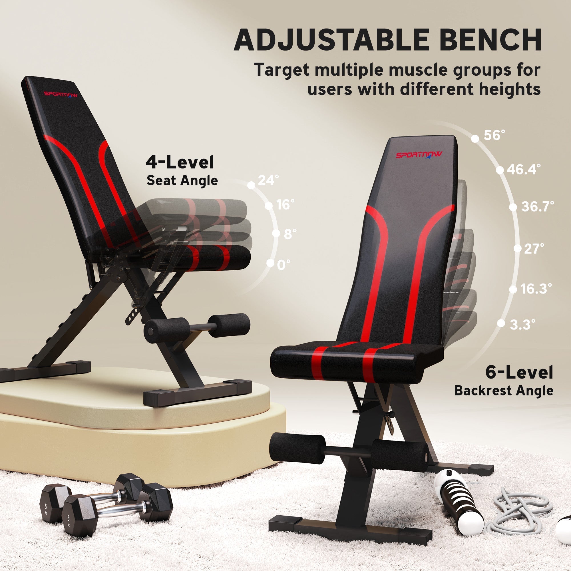 Black and red sportnow foldable weight bench with padded seat and backrest 4-level seat and 6-level backrest adjustments