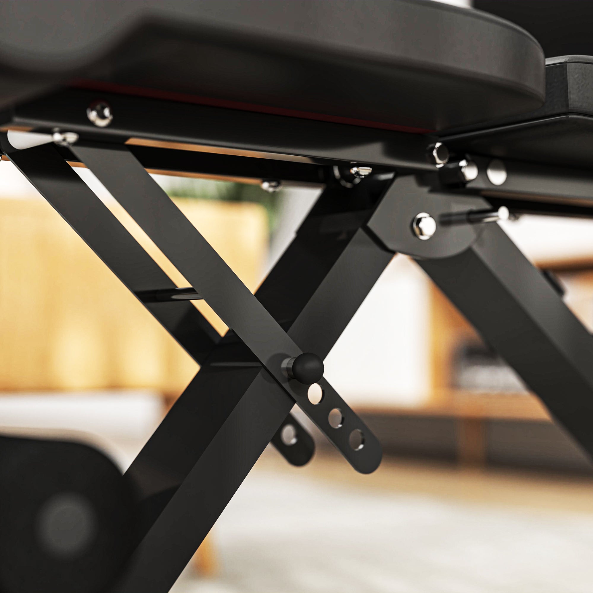 Black foldable weight bench with sturdy metal frame, adjustable 6-level backrest, four-level seat, perfect for home gym workouts 35l x 33w
