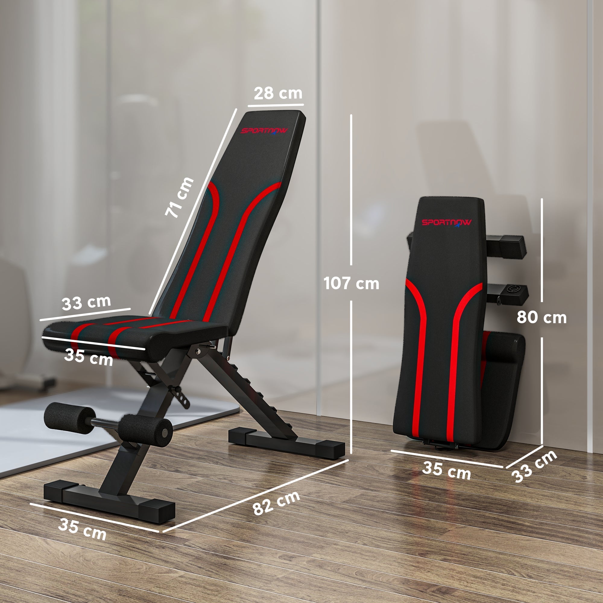 Black and red sportkin foldable weight bench with padded upholstery metal frame 35l x 33w four-level seat
