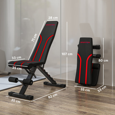 Black and red sportkin foldable weight bench with padded upholstery metal frame 35l x 33w four-level seat