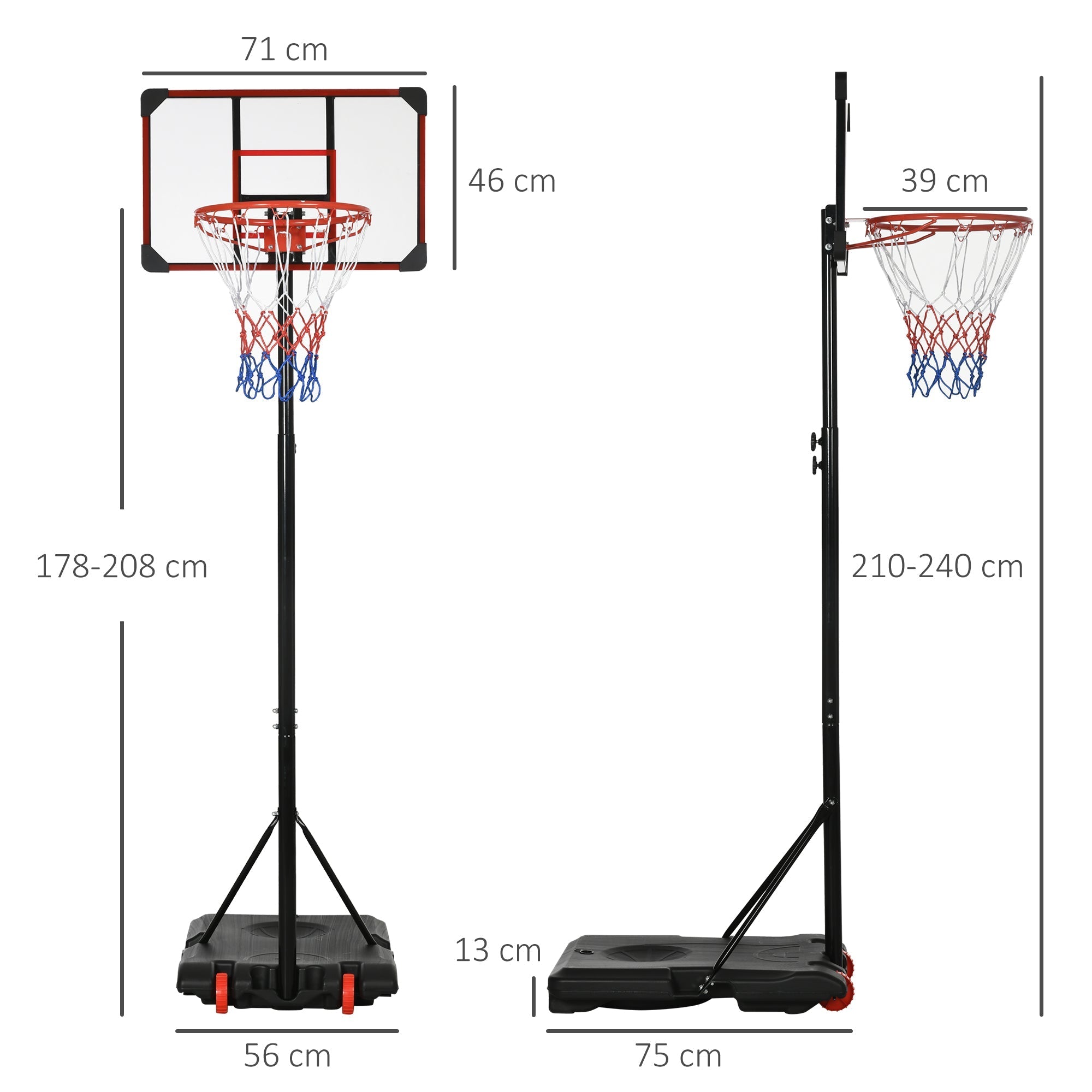 Adjustable black steel frame basketball hoop with red rim multicolored net and portable weighted base on wheels