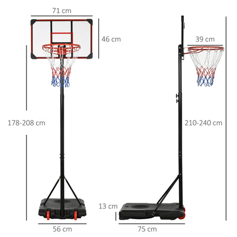 Adjustable black steel frame basketball hoop with red rim multicolored net and portable weighted base on wheels
