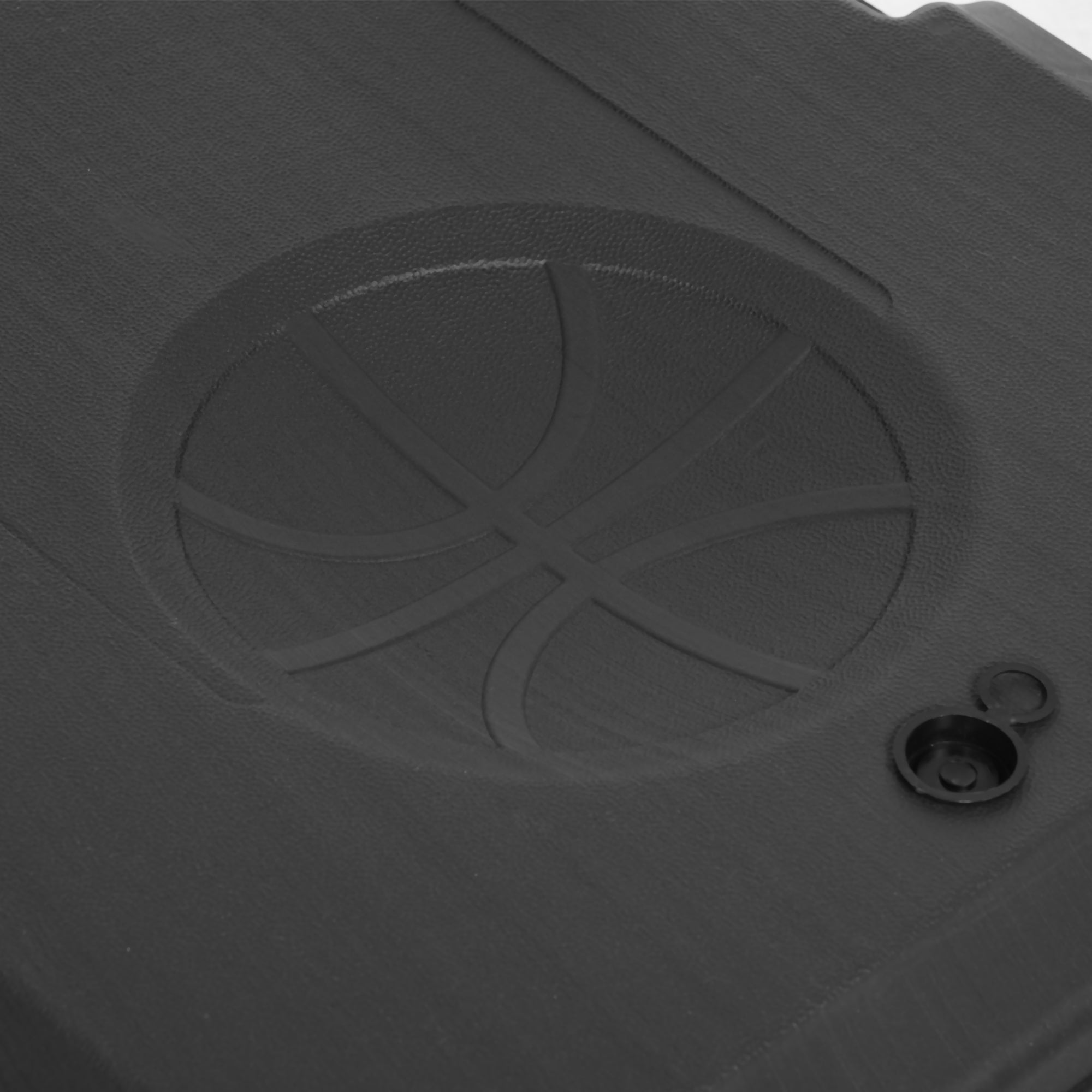 Black plastic speaker with circular grille design shown on the back side of sportnow adjustable height basketball hoop with steel frame