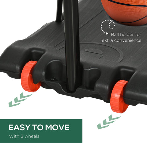 Black plastic basketball hoop base with bright orange wheels and ball holder for sportnow adjustable height steel frame hoop