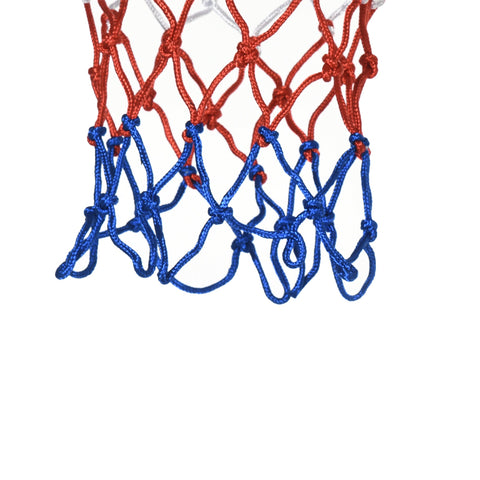 A red and blue woven mesh basketball net attached to the sportnow adjustable height basketball hoop with steel frame