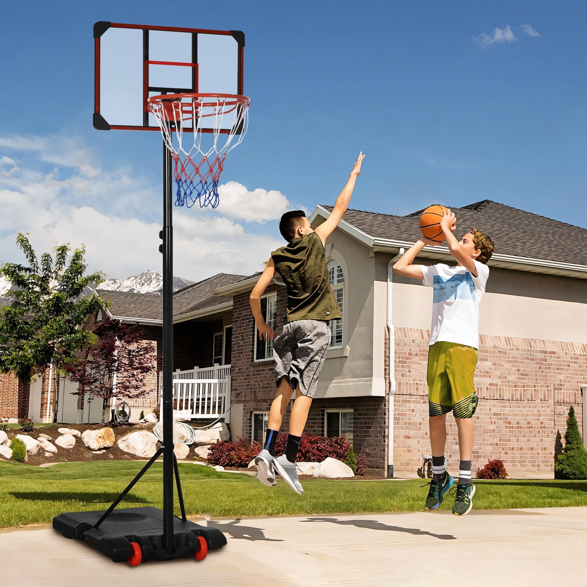 Black SPORTNOW adjustable height basketball hoop with steel frame and red white net on sturdy portable tripod base with wheels