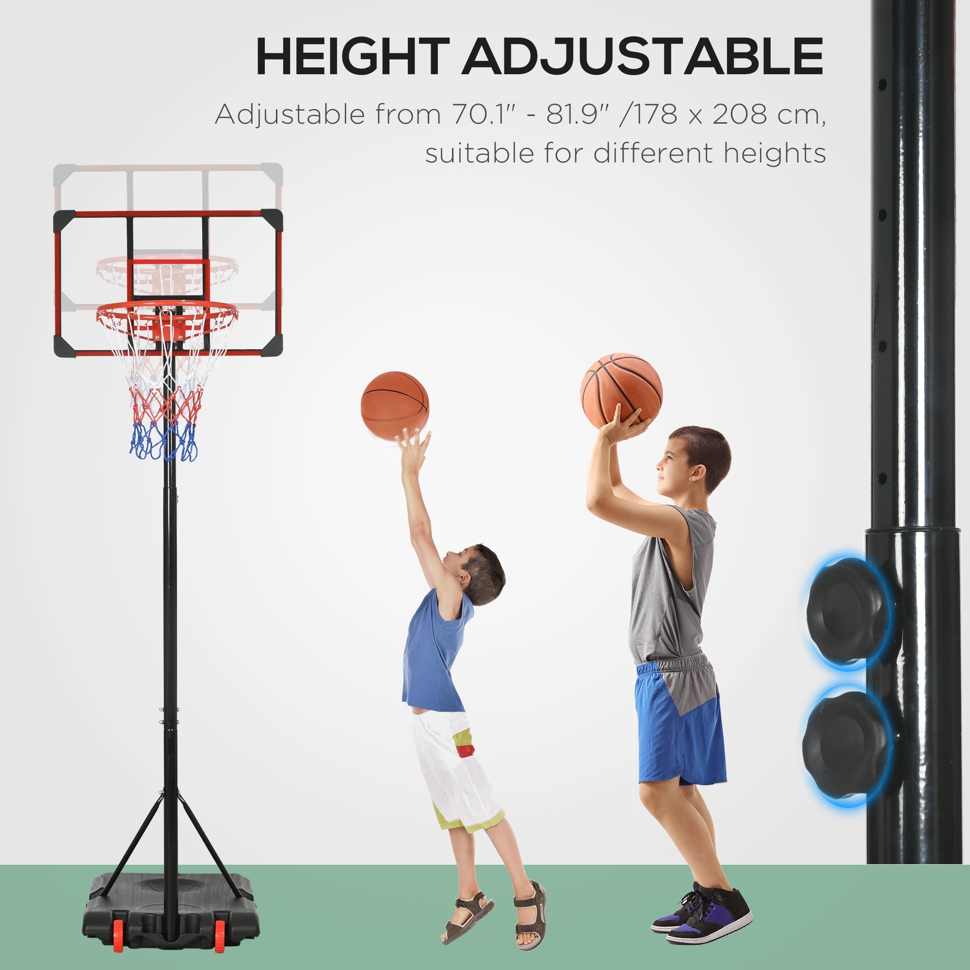 Sportnow black adjustable height basketball hoop with steel frame red rim and multicolored net on tripod base with wheels