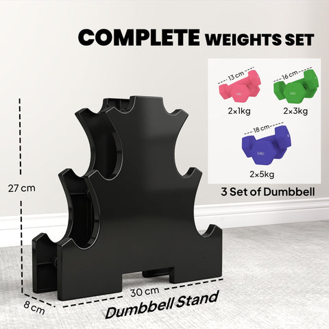 Black plastic dumbbell stand with three tiers for organizing sportnow hex dumbbells set and hand weights
