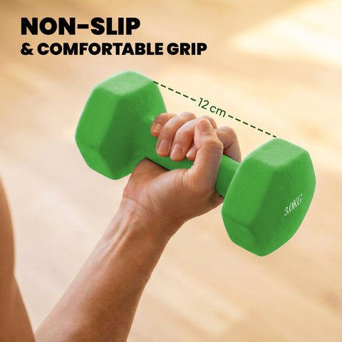 Bright green hexagonal shape stops foam dumbbell from sportnow dumbbells set with non-slip grip and 3kg hand weights