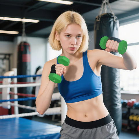 Green hexagonal dumbbells set with black wrist wraps for strength training hand weights by SPORTNOW