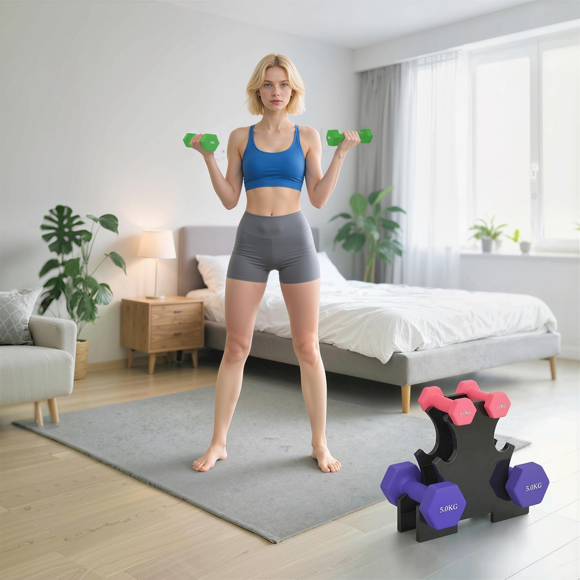 Woman in blue sports bra holding green sportnow dumbbells set with hexagonal shape stops for strength training hand weights