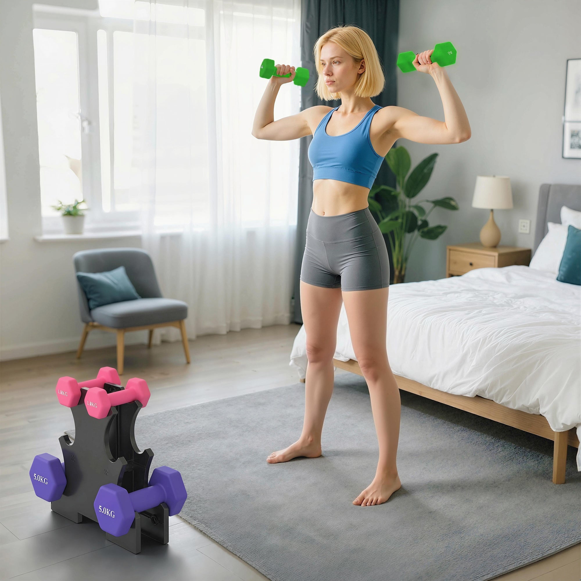 Green hex dumbbells set by SPORTNOW with hexagonal shape stops hand weights for home strength training