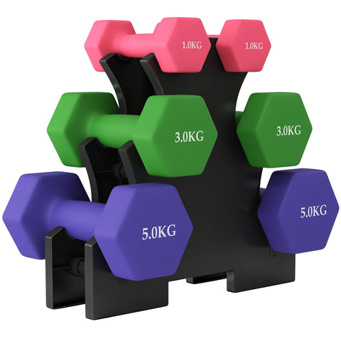 Sportnow hex dumbbells set with colorful pink green and purple hand weights with hexagonal shape stops for strength training