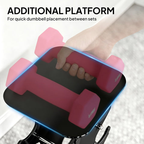 Black glossy platform with blue glowing edge for dumbbell placement in sportnow hex dumbbells strength training set