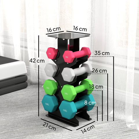 Black metal dumbbell rack with colorful sportnow hex dumbbells in hexagonal shape stops for home gym strength training