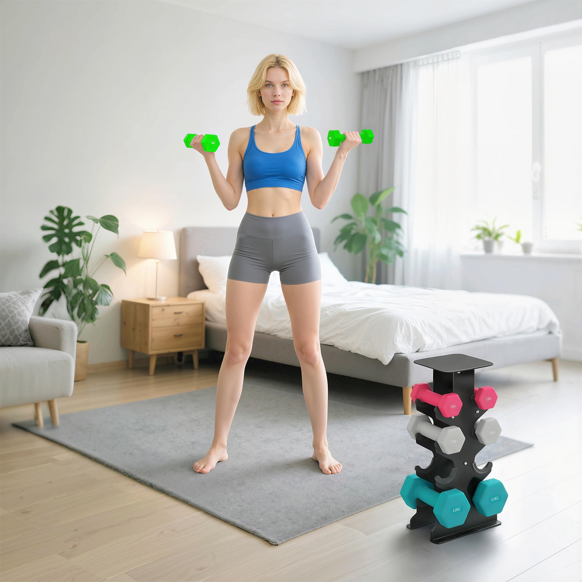 Black multi-tiered dumbbell rack holding pink gray and teal sportnow hex dumbbells with hexagonal shape stops for home gym