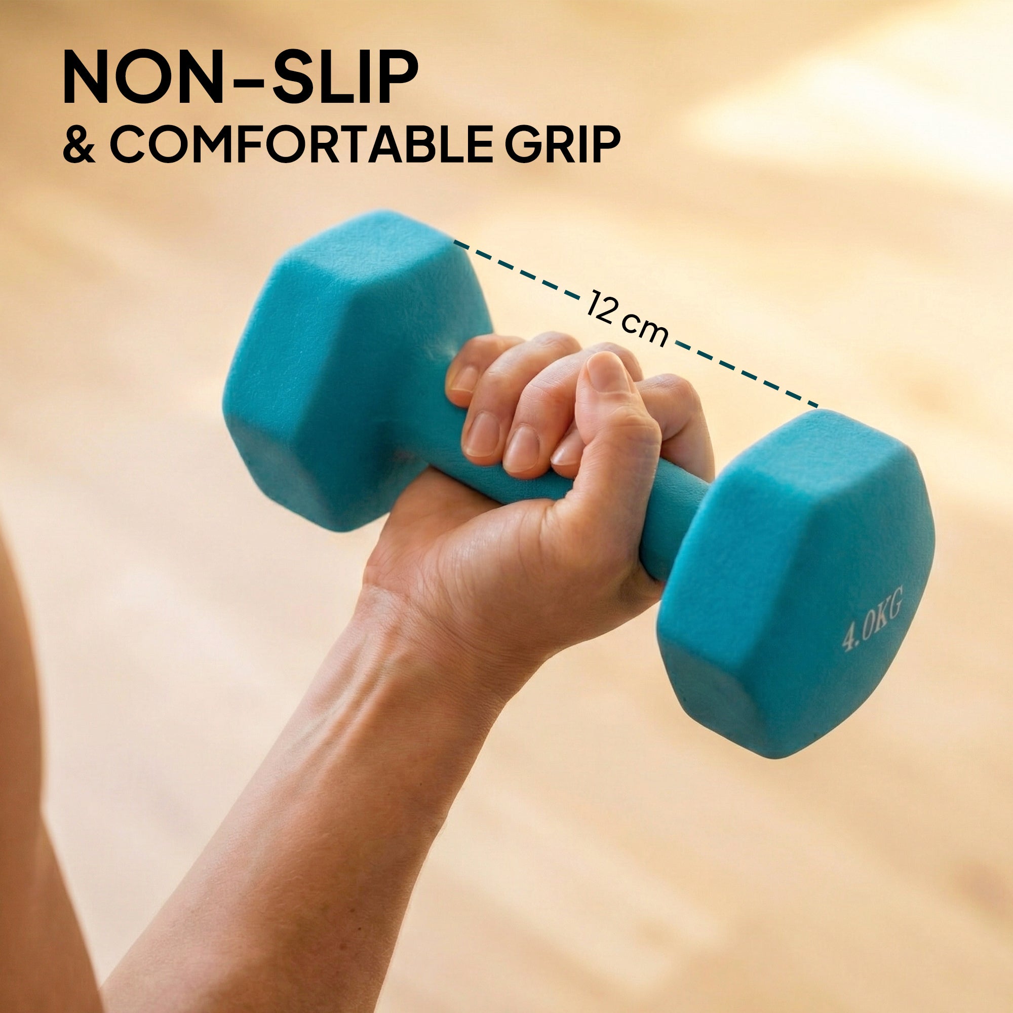 A teal sportnow hex dumbbell with hexagonal shape stops non-slip grip and 4kg weight for home gym use