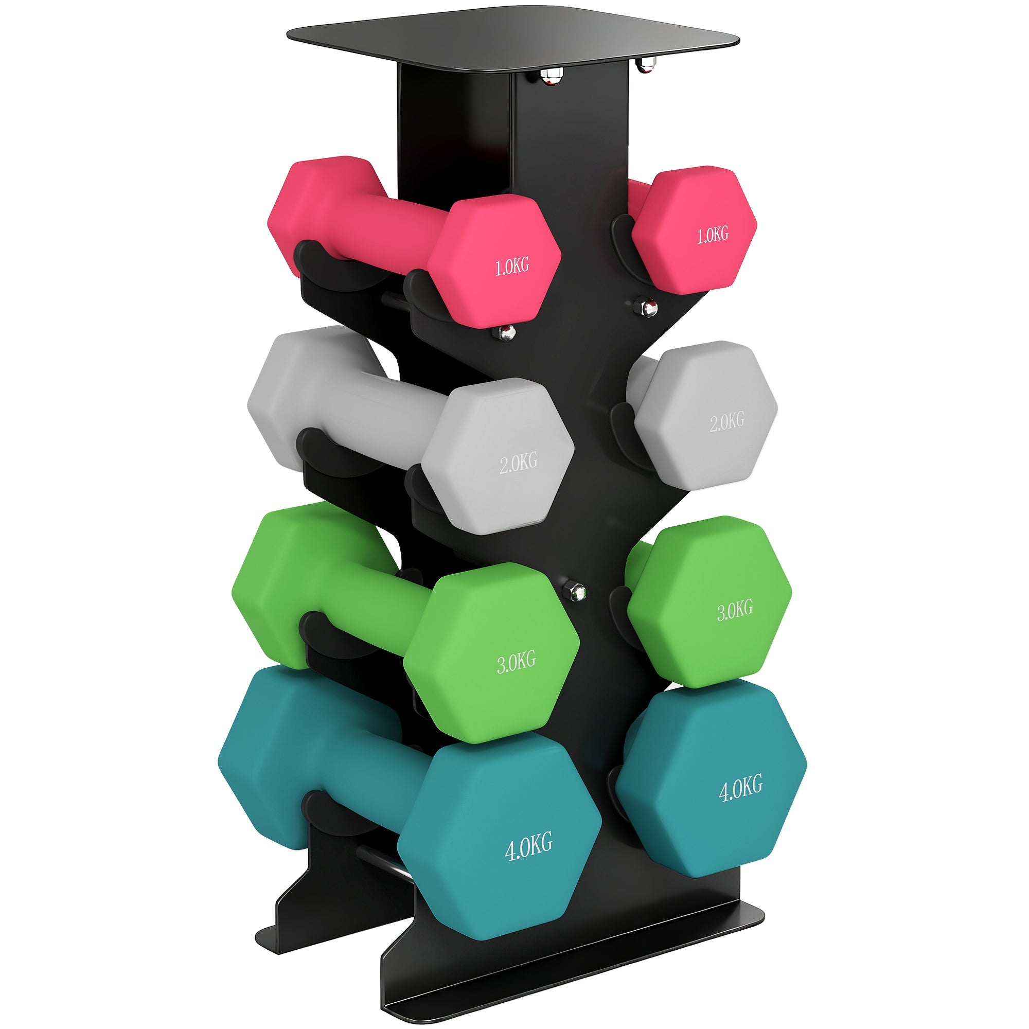 Sportnow hex dumbbells set with black metal rack holding colorful foam-handled hex dumbbells for home gym strength training