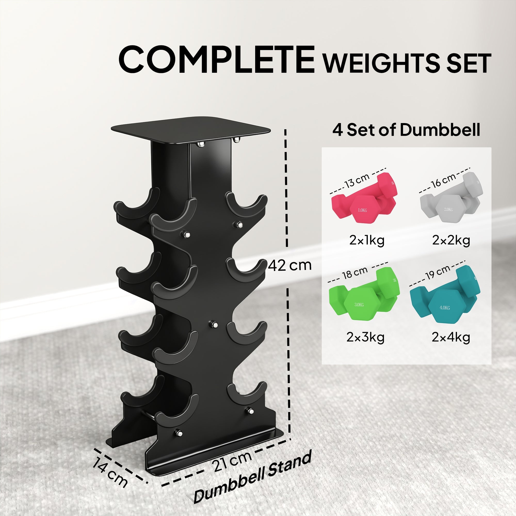 Black metal dumbbell stand with curved slots for sportnow hex dumbbells and hexagonal shape stops in home gym use