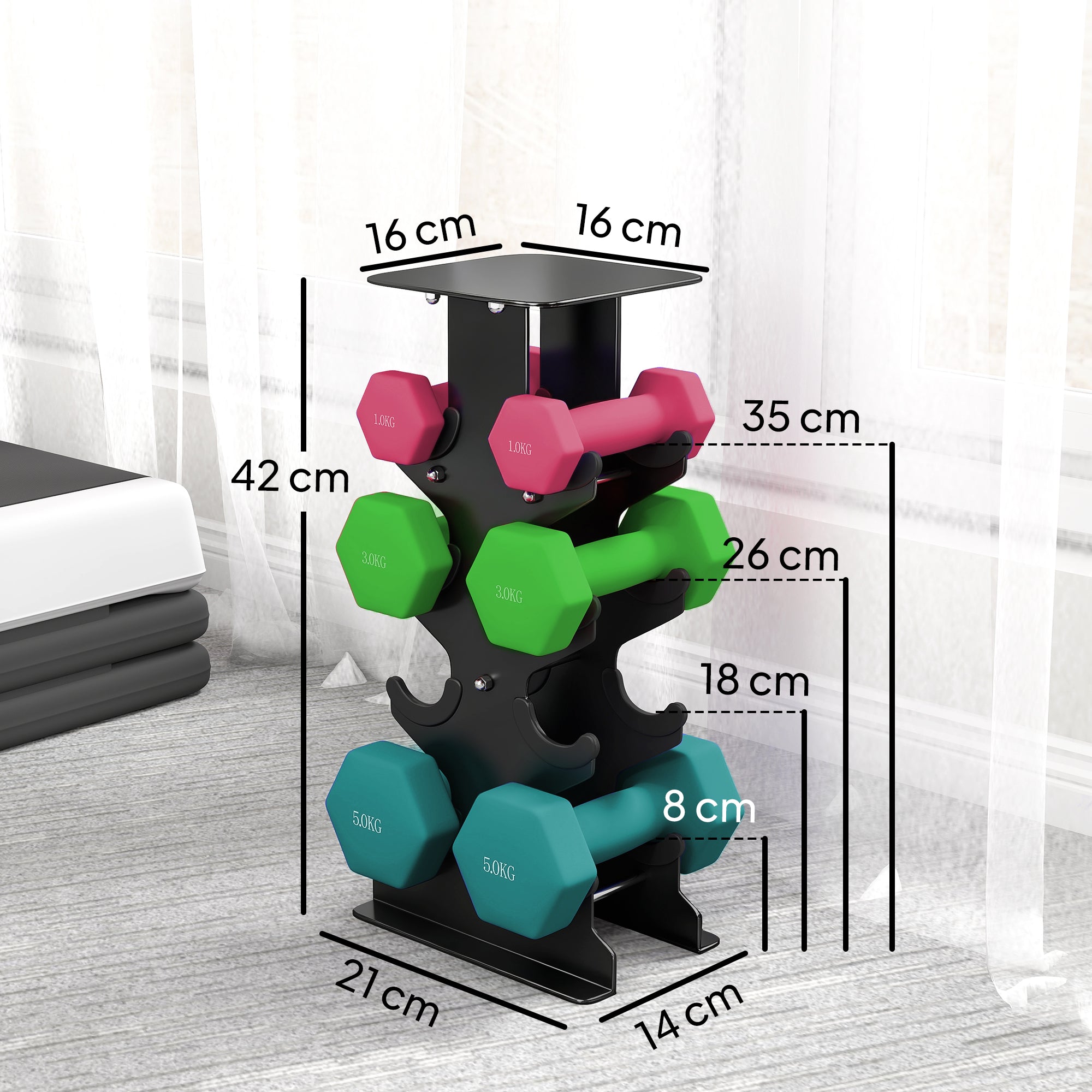 Black metal dumbbell rack holding pink green and teal sportnow hex dumbbells with hexagonal shape stops for home gym