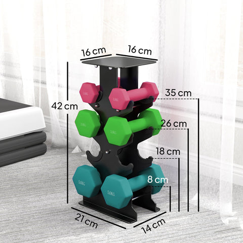 Black metal dumbbell rack holding pink green and teal sportnow hex dumbbells with hexagonal shape stops for home gym