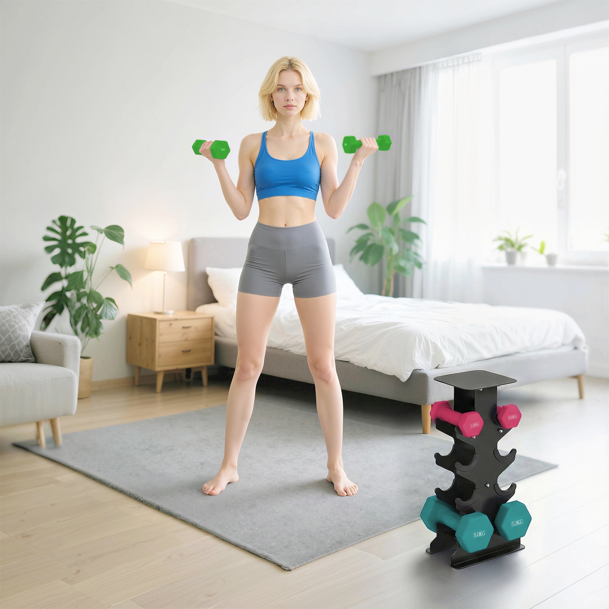 A woman holding green sportnow hex dumbbells with hexagonal shape stops for home gym strength training