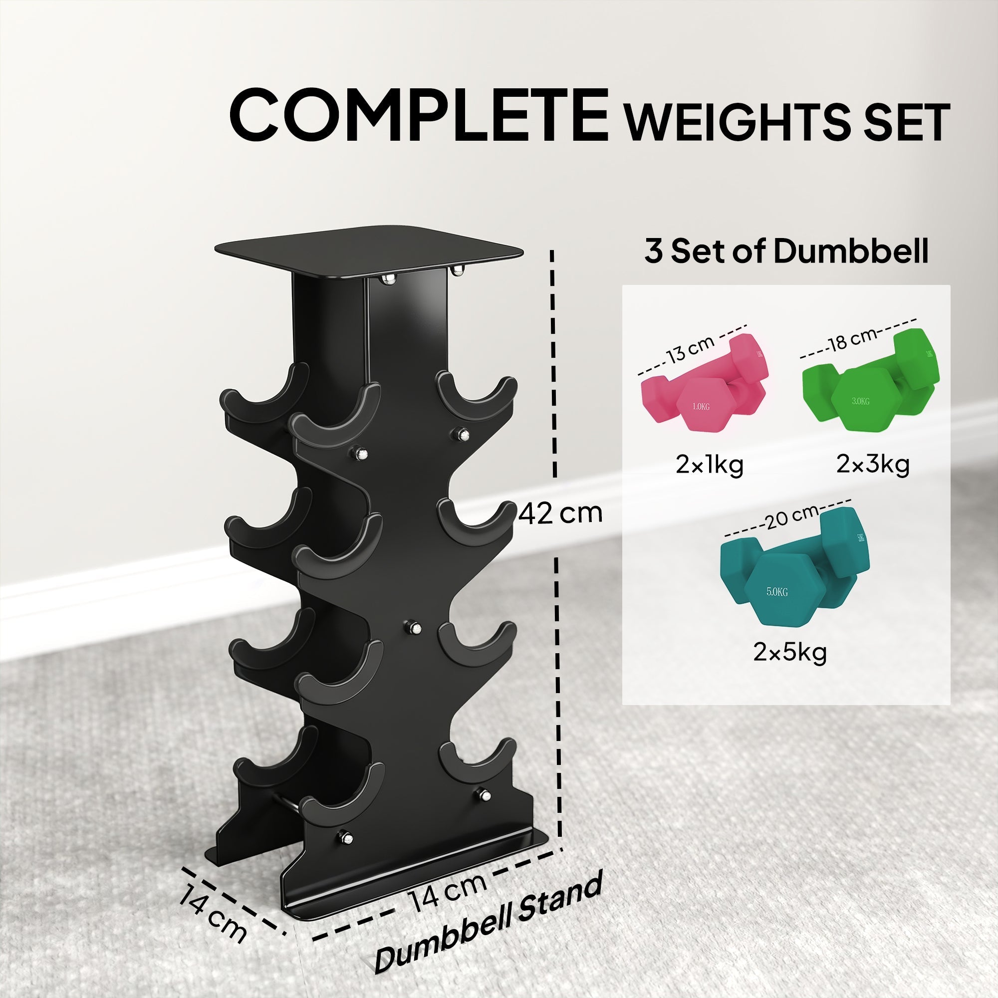 Black metal dumbbell stand with six curved slots for organizing sportnow hex dumbbells with hexagonal shape stops