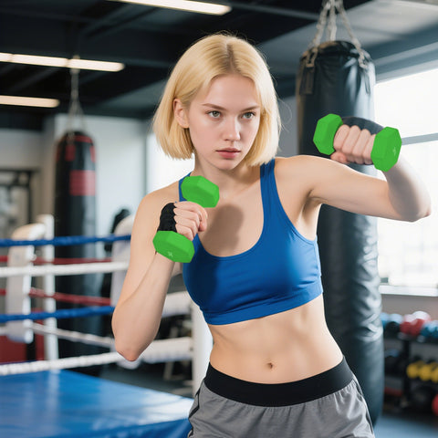 Green sportnow hex dumbbells set with non slip hexagonal shape stops and black wrist wraps for home gym use