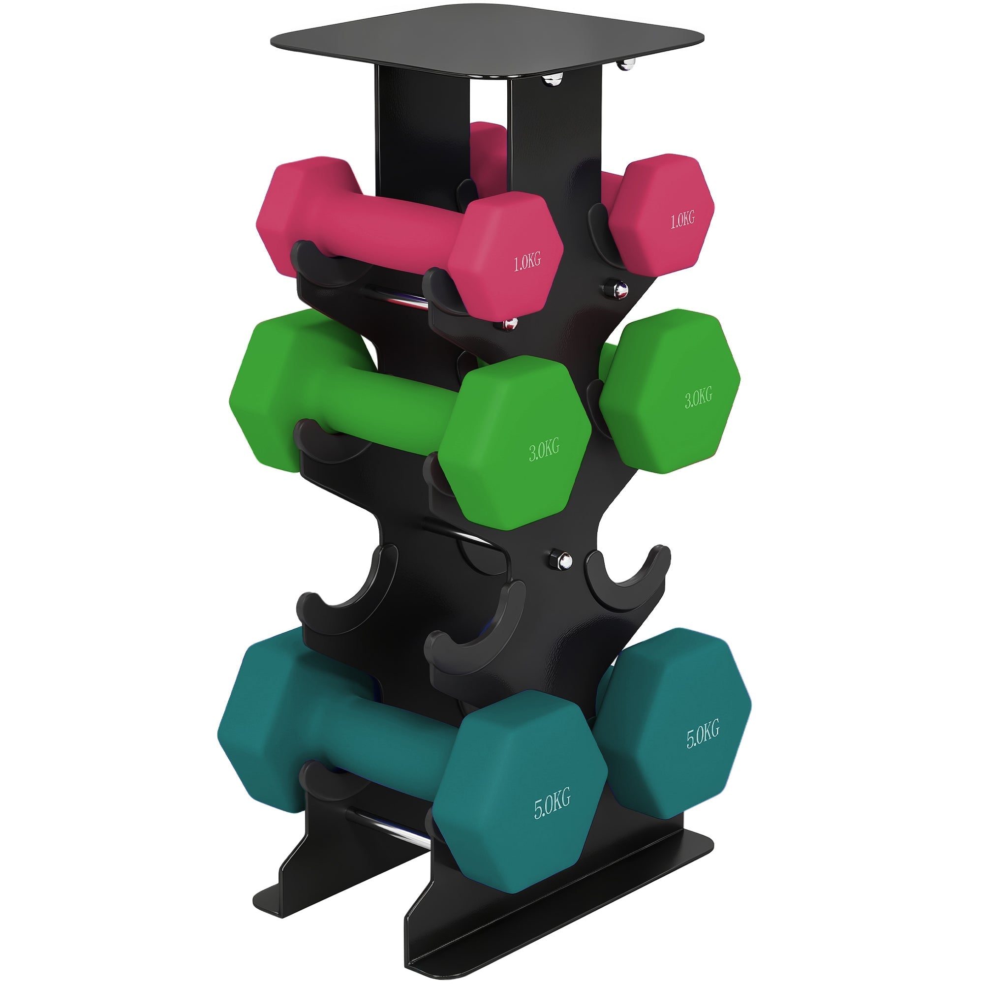 Black metal dumbbell rack holding pink green and teal sportnow hex dumbbells with hexagonal shape stops for home gym
