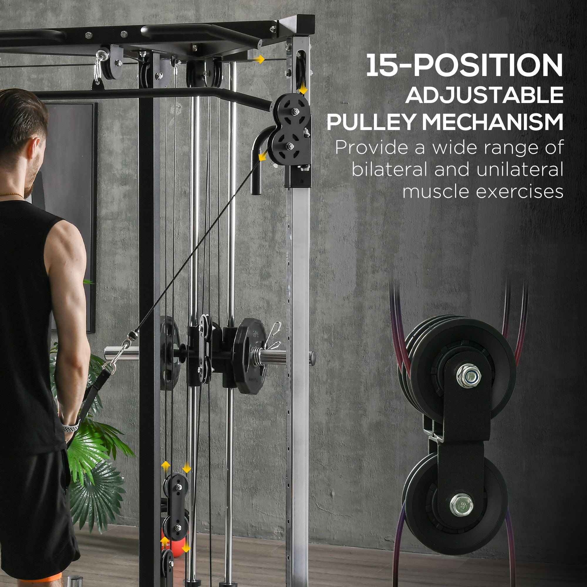 Black metal sportnow home gym machine with dual pulley and 15-position adjustable strength training system for full body fitness