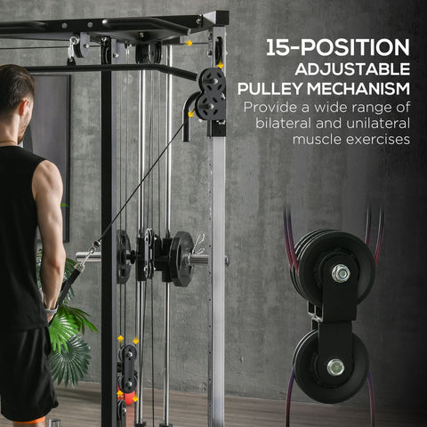 Black metal sportnow home gym machine with dual pulley and 15-position adjustable strength training system for full body fitness
