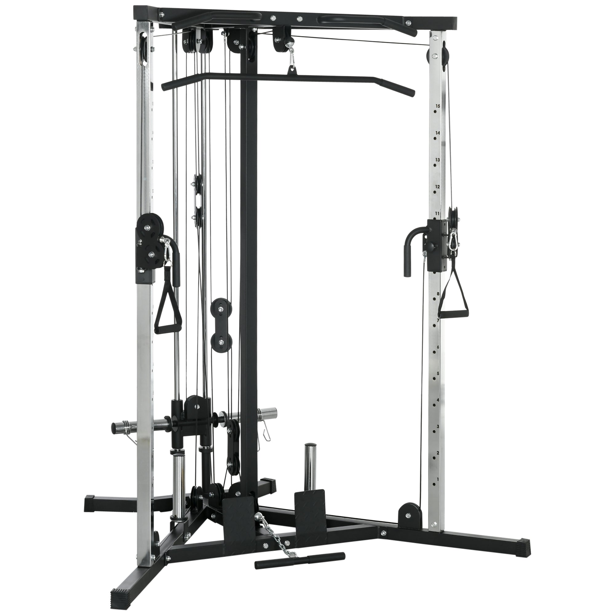 Black and silver sportnow home gym machine with dual pulley system and low pulleys for strength training workouts