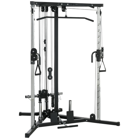 Black and silver sportnow home gym machine with dual pulley system and low pulleys for strength training workouts