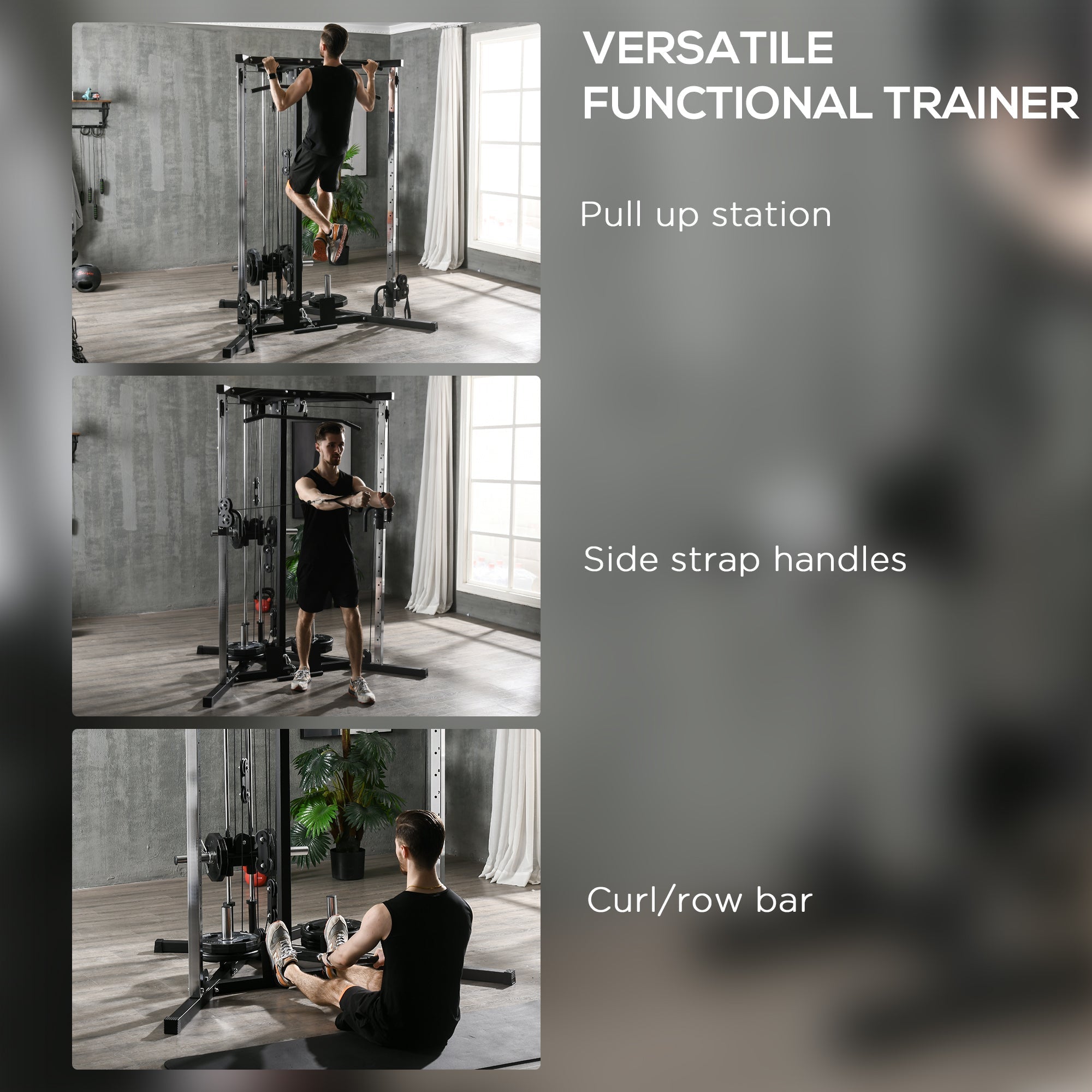 Black metal sportnow home gym machine with adjustable pull-up bar dual pulley and low pulleys for strength training