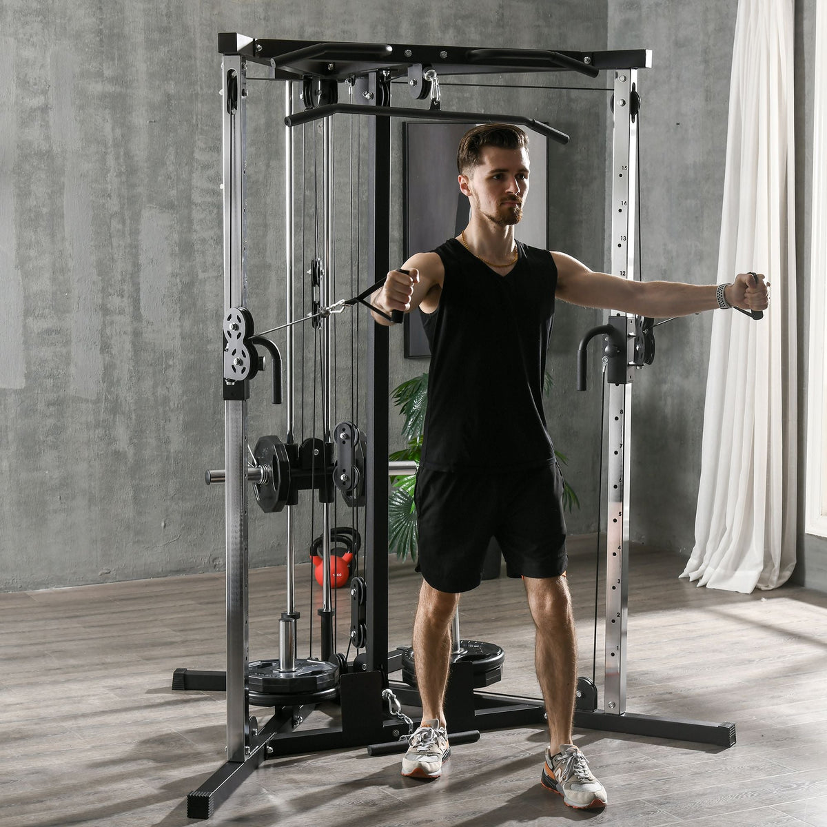 Black and silver sportnow home gym machine with dual pulley, adjustable weight plates, low pulleys for strength training