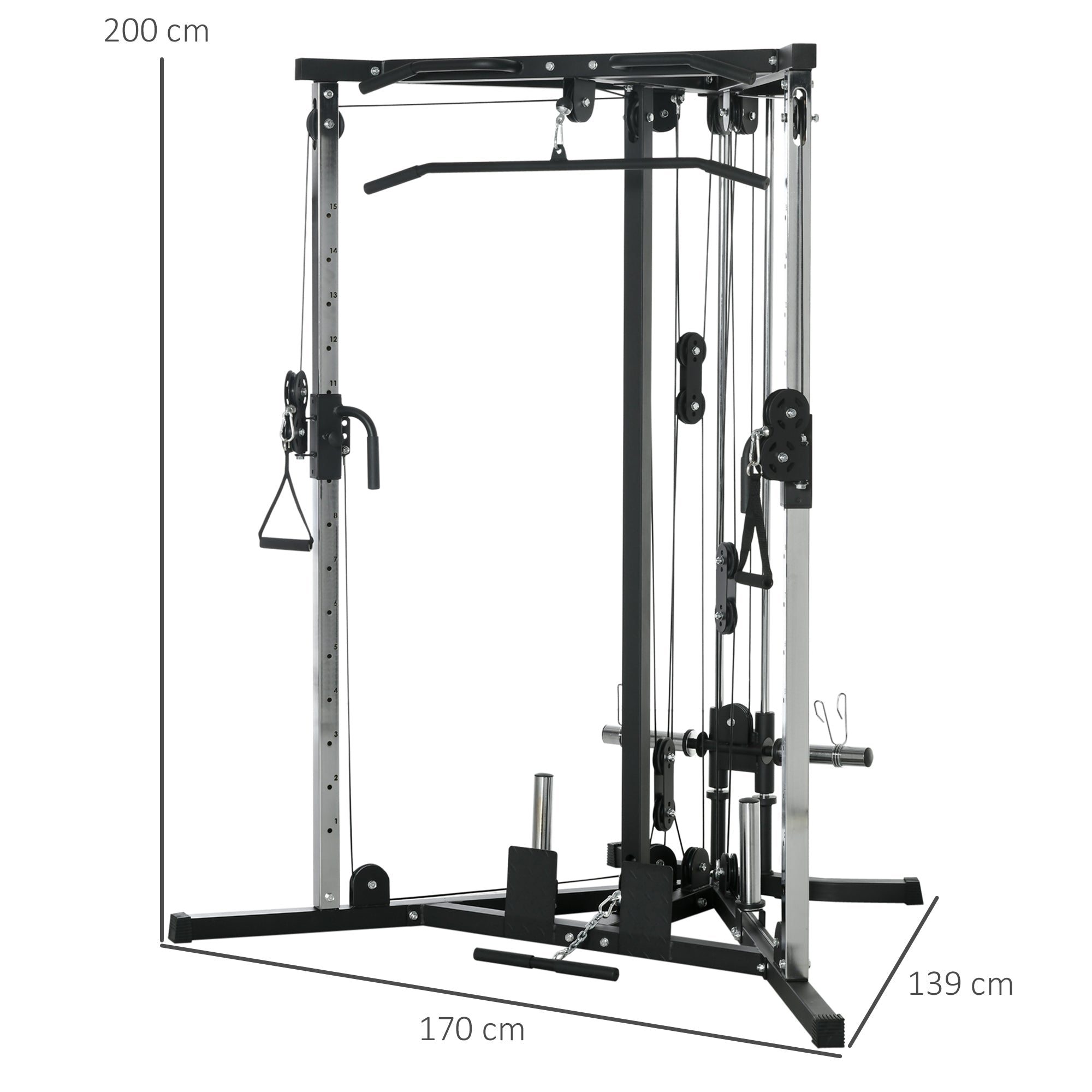 Black and silver sportnow home gym machine with dual pulley, adjustable pulleys, and pull up bar for strength training