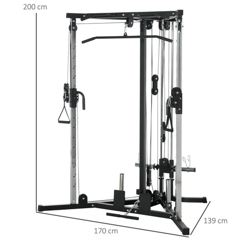 Black and silver sportnow home gym machine with dual pulley, adjustable pulleys, and pull up bar for strength training