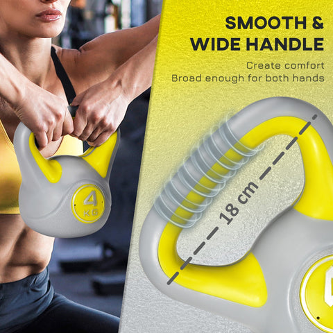 Sportnow kettlebell 4kg in yellow and grey with smooth wide handle for comfortable grip and strength training