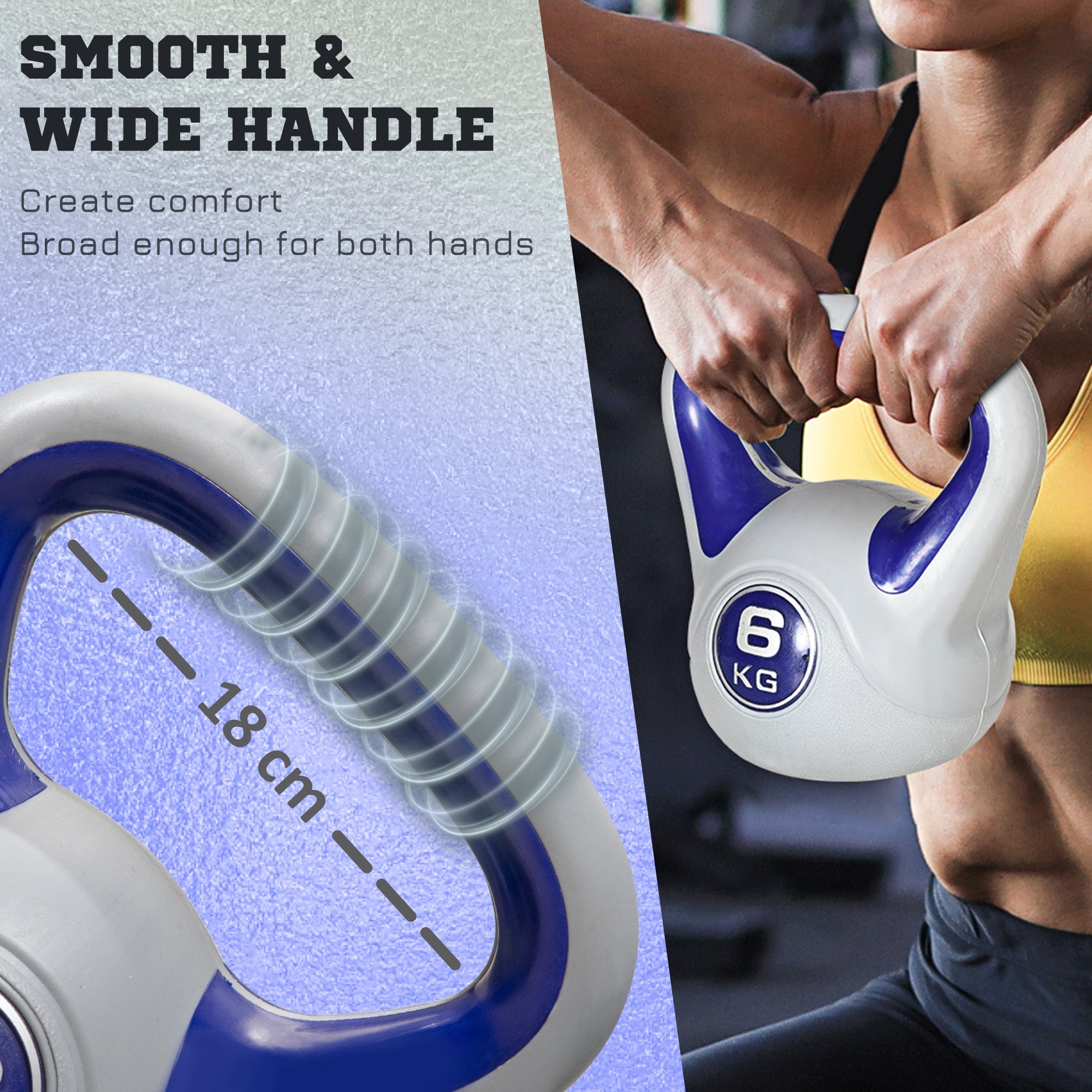 Sportnow kettlebell 6kg kettlebell in white and blue with smooth wide handle for comfortable strength training grip