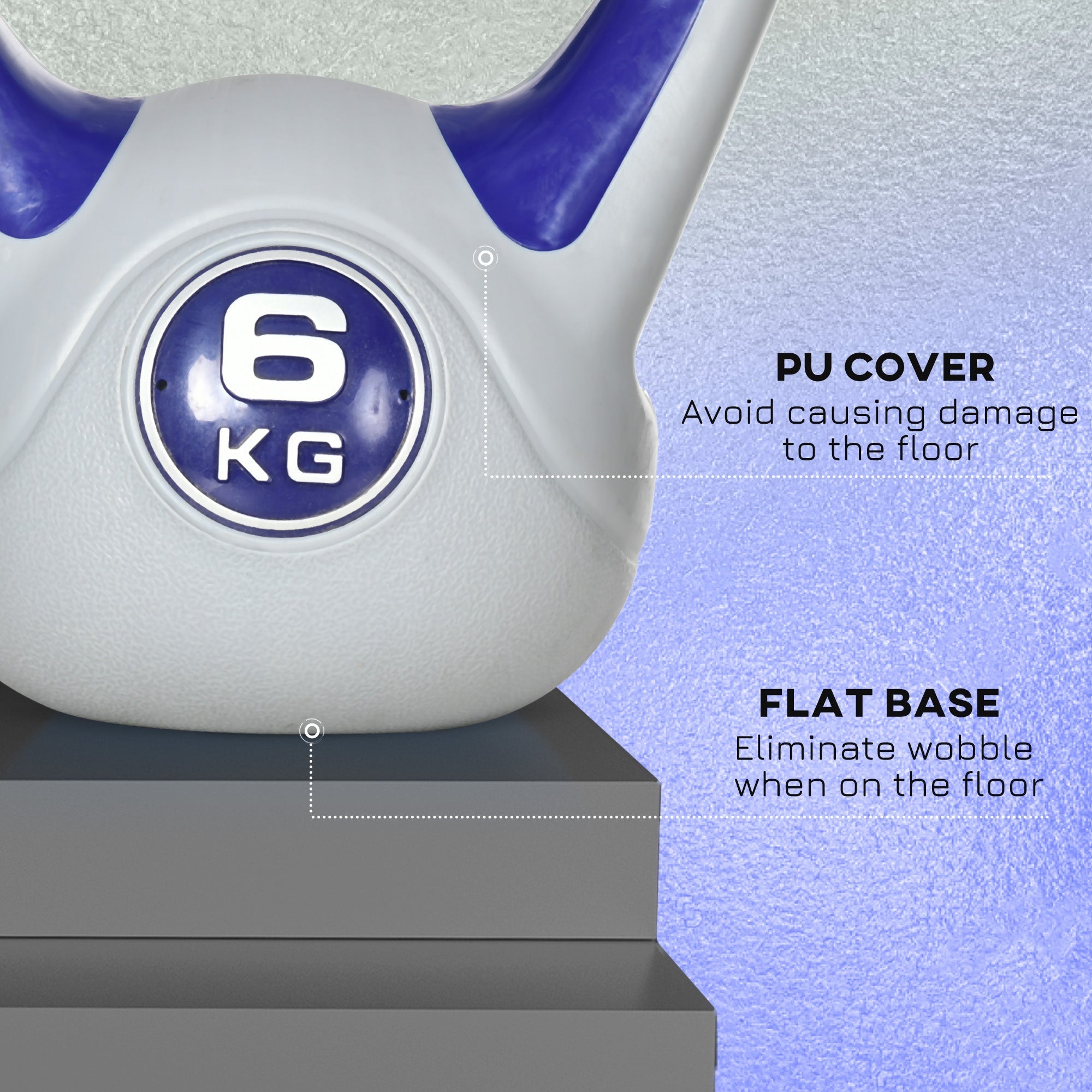 White and blue pu-coated sportnow kettlebell 6kg with flat base perfect for strength training at home gym