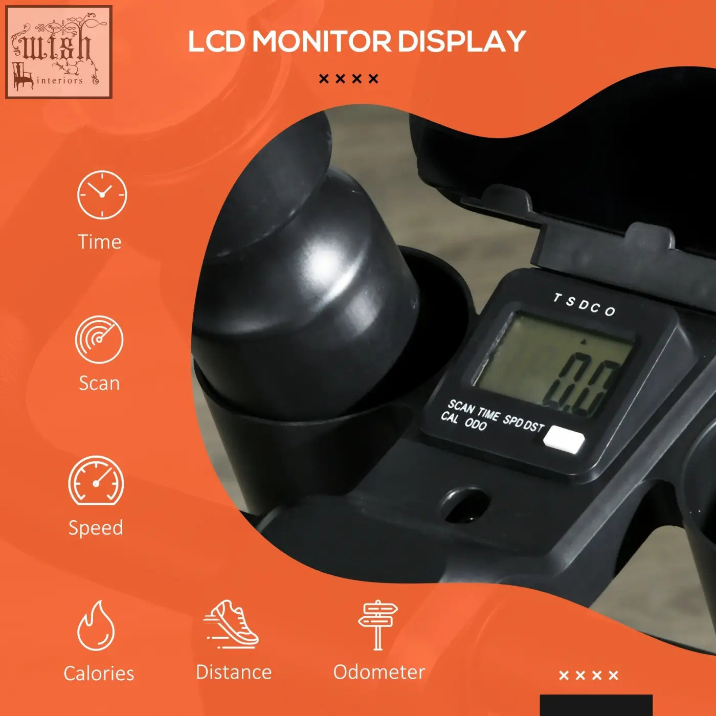 Black digital lcd display on sportnow exercise bike showing speed time calories with tablet holder and adjustable resistance