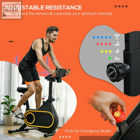 Black and yellow sportnow exercise bike with adjustable resistance textured handlebar grip and tablet holder