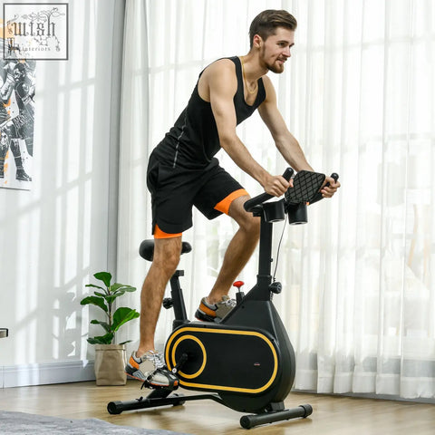 Black and yellow sportnow magnetic indoor cycling bike with adjustable resistance tablet holder and silent flywheel