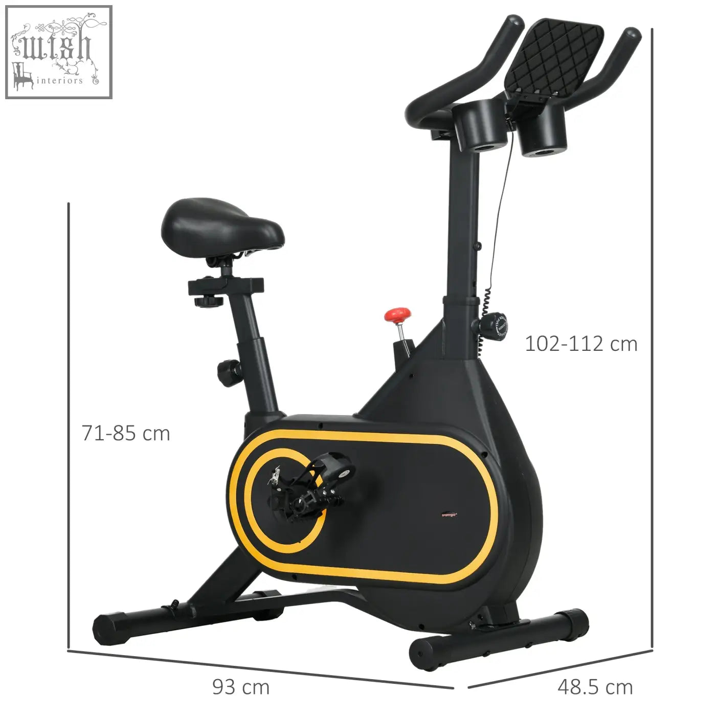 Black and yellow sportnow exercise bike with silent flywheel, adjustable resistance, lcd display, and tablet holder