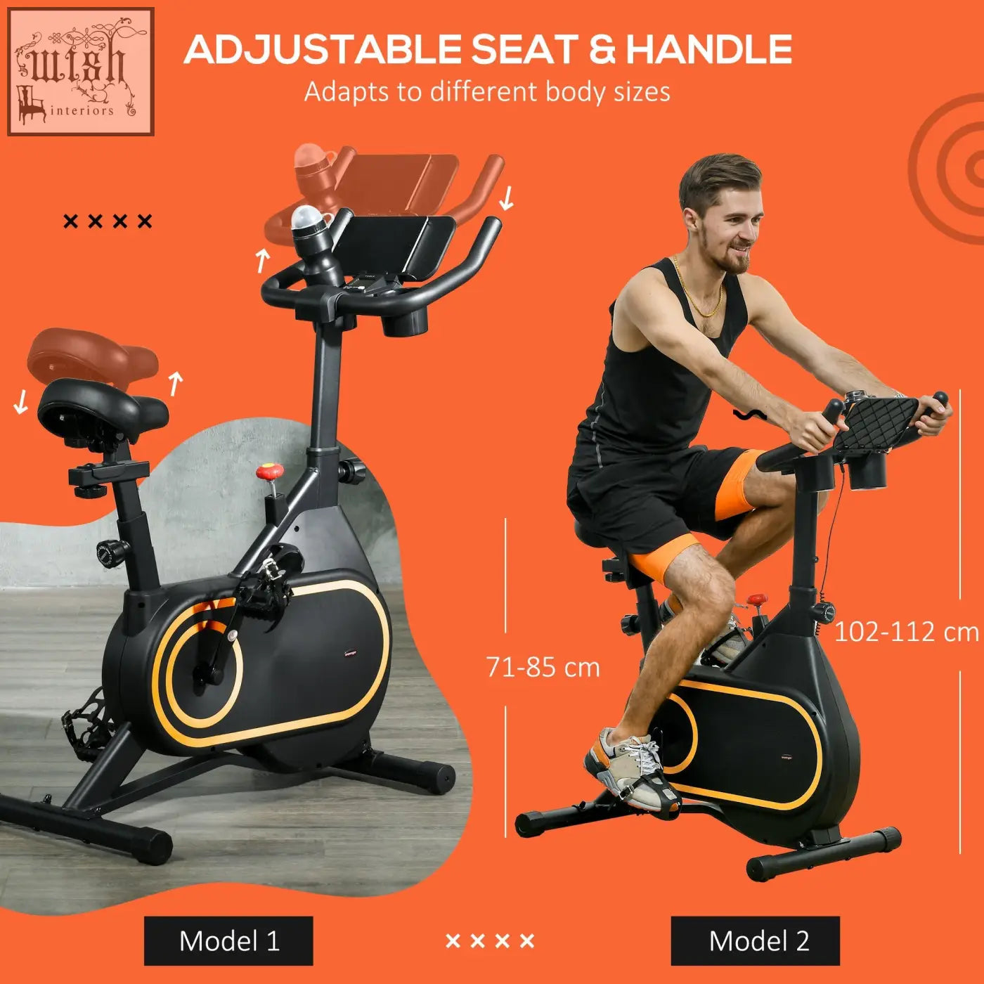 Sportnow black and gold exercise bike with adjustable resistance, tablet holder, ergonomic seat, and silent flywheel