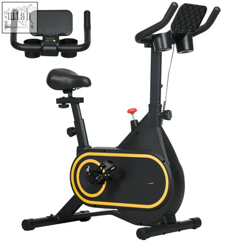 Black and yellow sportnow exercise bike with adjustable resistance, tablet holder, silent flywheel, and comfy padded seat