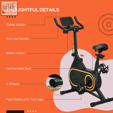 Black and yellow SPORTNOW exercise bike with adjustable resistance, tablet holder, anti-slip handlebars, and comfy seat