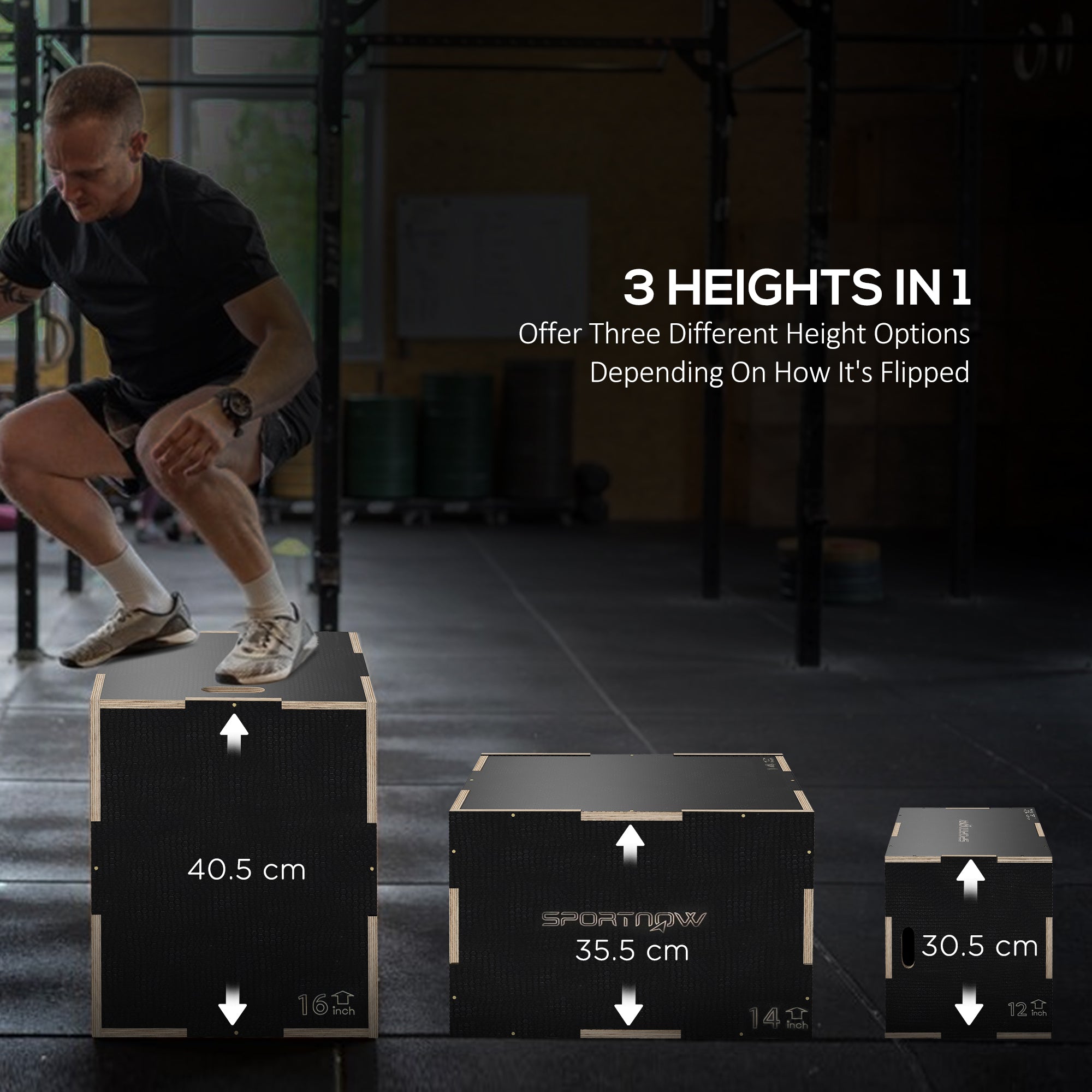 Black wooden plyometric jump box with light wood trim and sportingw branding in three height options for gym use