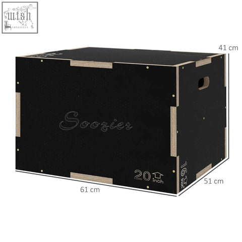 Black wooden jump box with light wood trim and side handle featuring three adjustable heights for home gym workouts